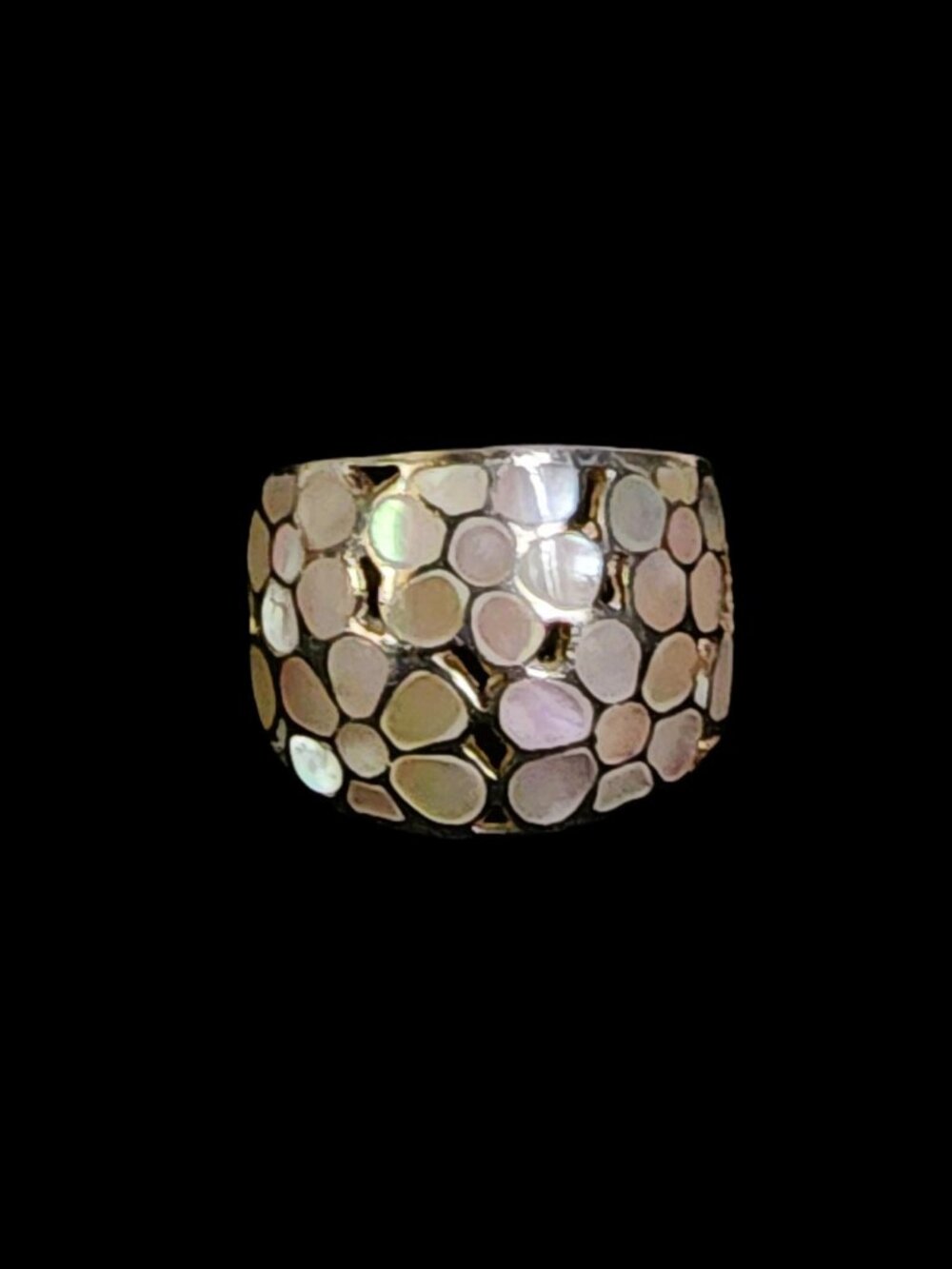 Vintage 90s Sterling Silver Mother of Pearl Floral Mosaic Wide Band Ring Sz 6